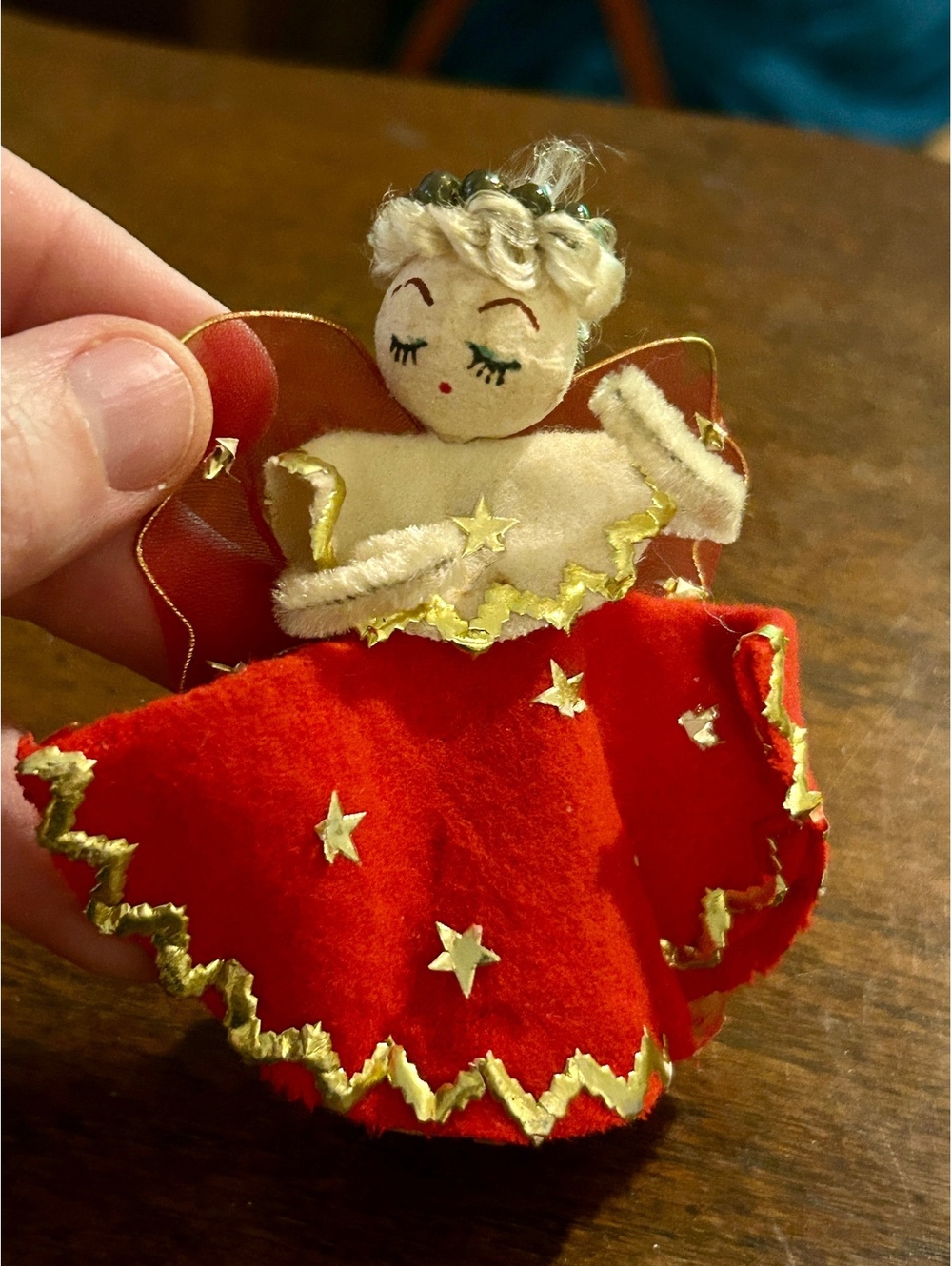 Vintage Red Felt Angel Christmas Ornament with Gold Trim and Star Details